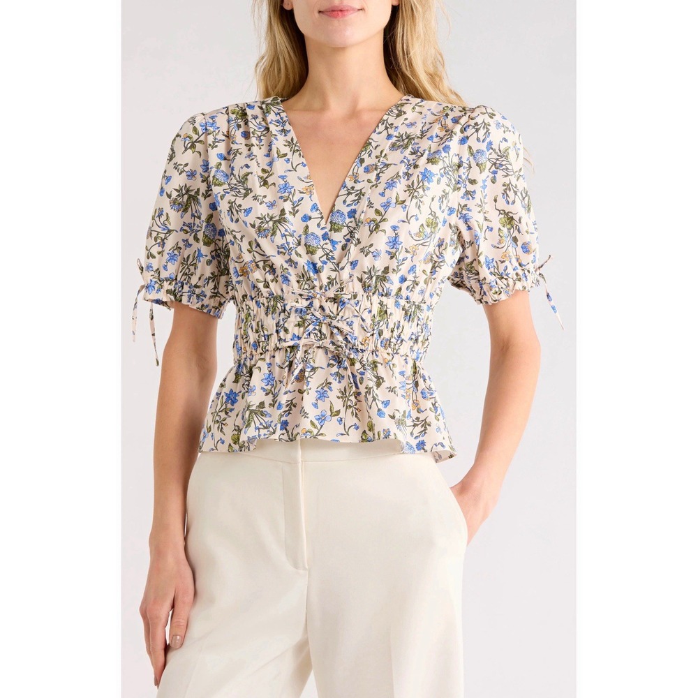 Derek Lam 10 Crosby NWT Rhea Floral Puff Sleeve Sz M Blue Bouquet Msrp$395